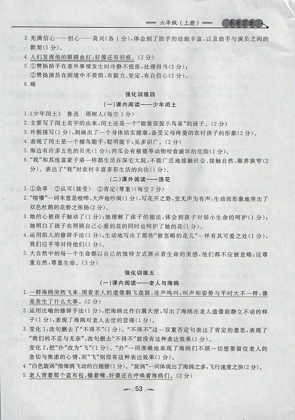 2017年点石成金金牌每课通六年级语文上册人教版 阅读专项答案第31页