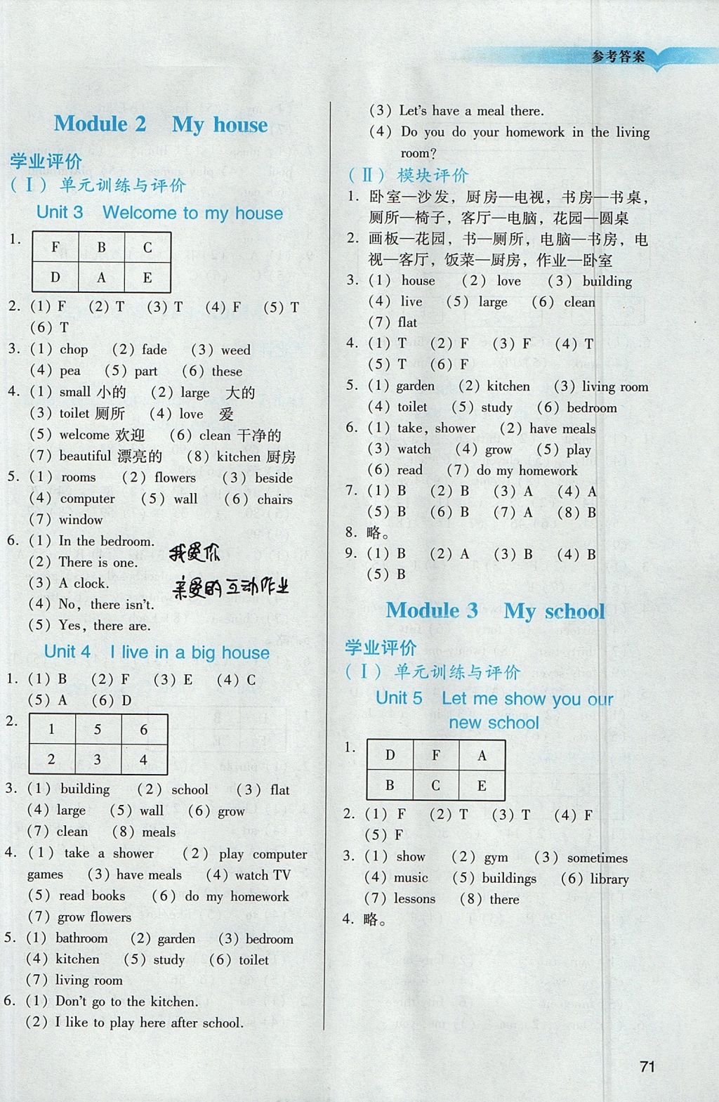 2017年阳光学业评价四年级英语上册教科版 参考答案