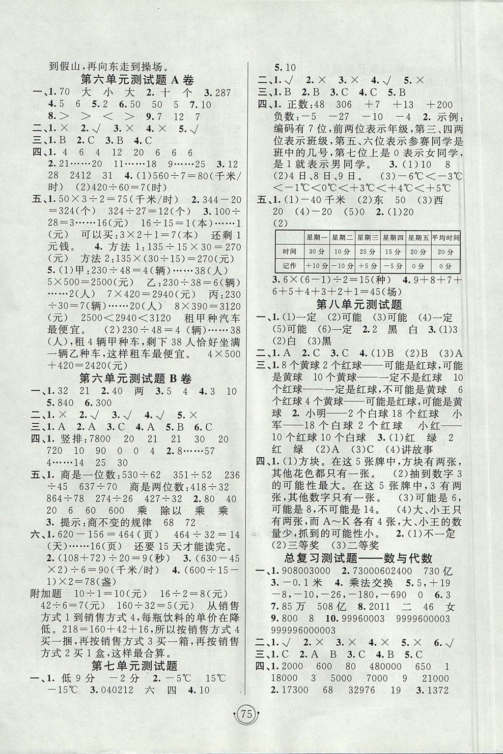 2017年海淀單元測試AB卷四年級數(shù)學(xué)上冊北師大版 參考答案