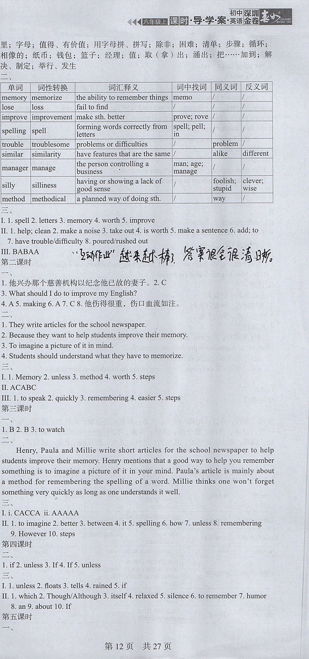 2017年深圳金卷初中英语课时导学案八年级上册 参考答案