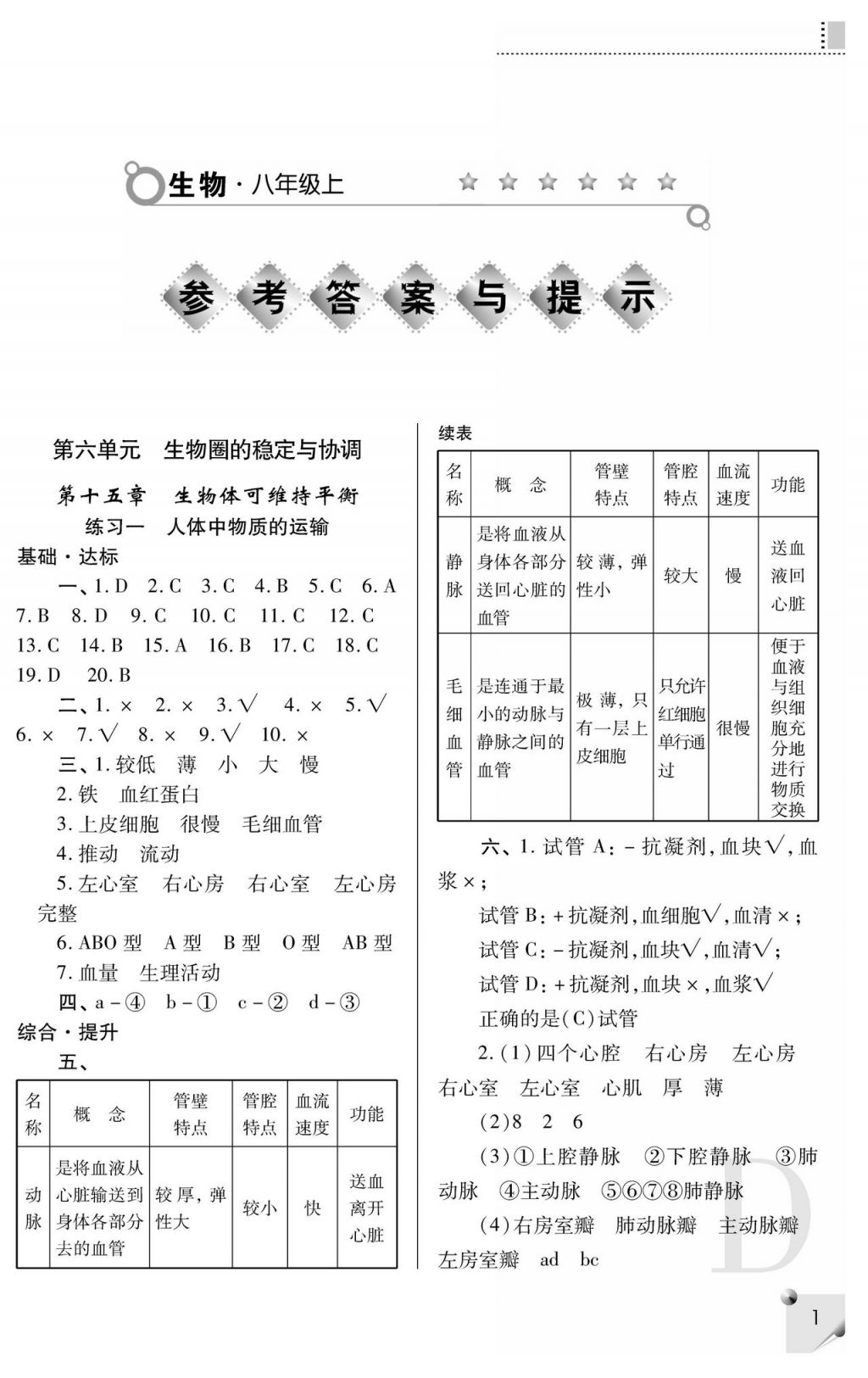 2017年課堂練習(xí)冊八年級生物上冊D版 參考答案