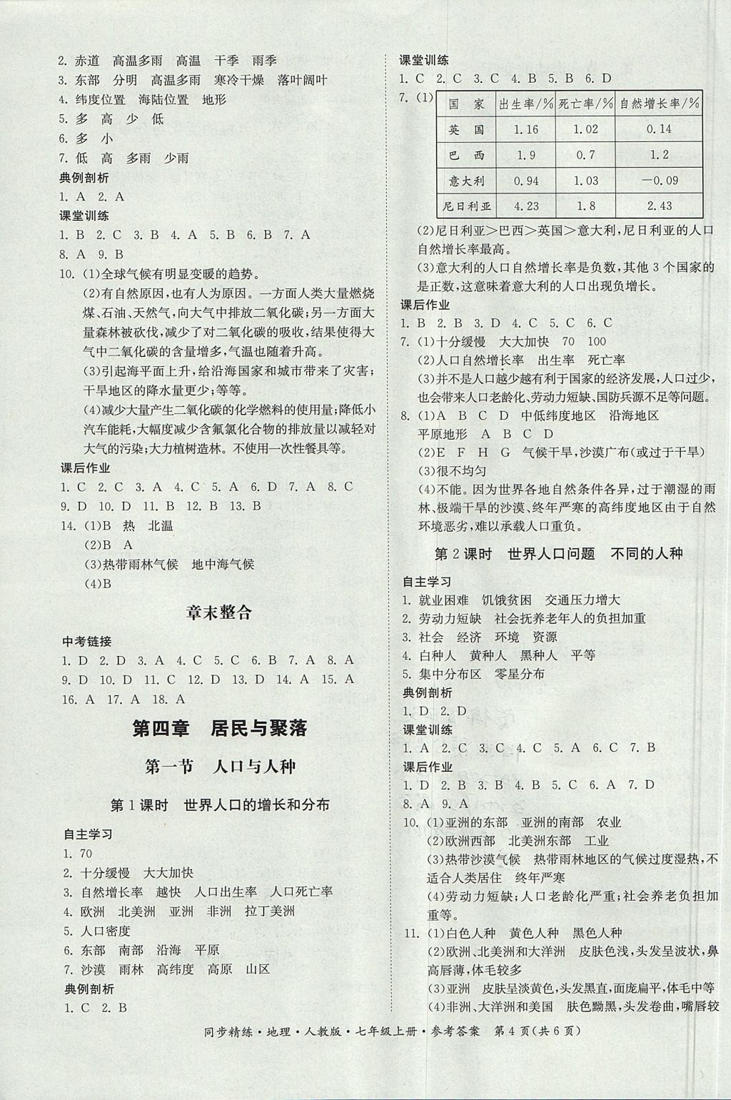 2017年名師小課堂同步精練七年級(jí)地理上冊(cè)人教版 參考答案