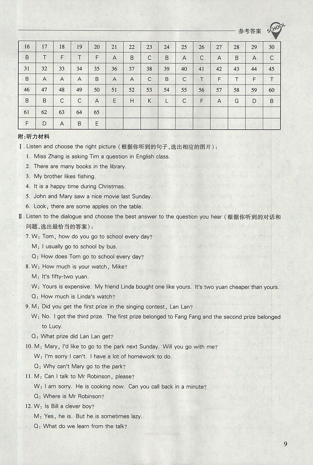 2017年新課程問(wèn)題解決導(dǎo)學(xué)方案七年級(jí)英語(yǔ)上冊(cè)上教版 參考答案