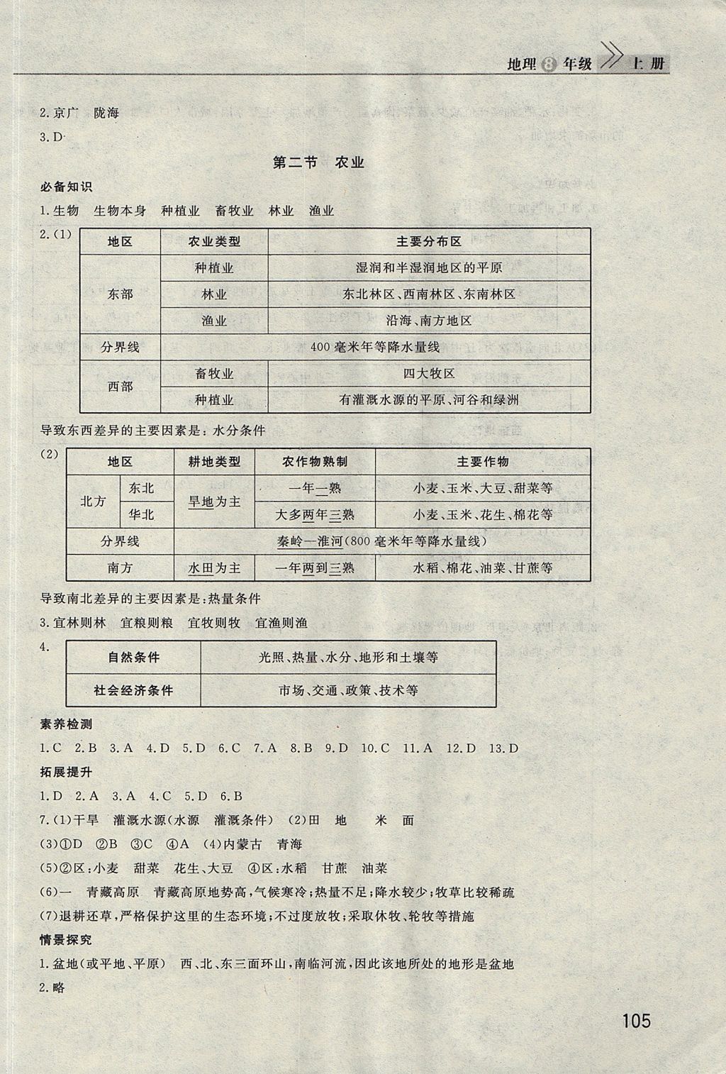 2017年長江作業(yè)本課堂作業(yè)八年級地理上冊 參考答案