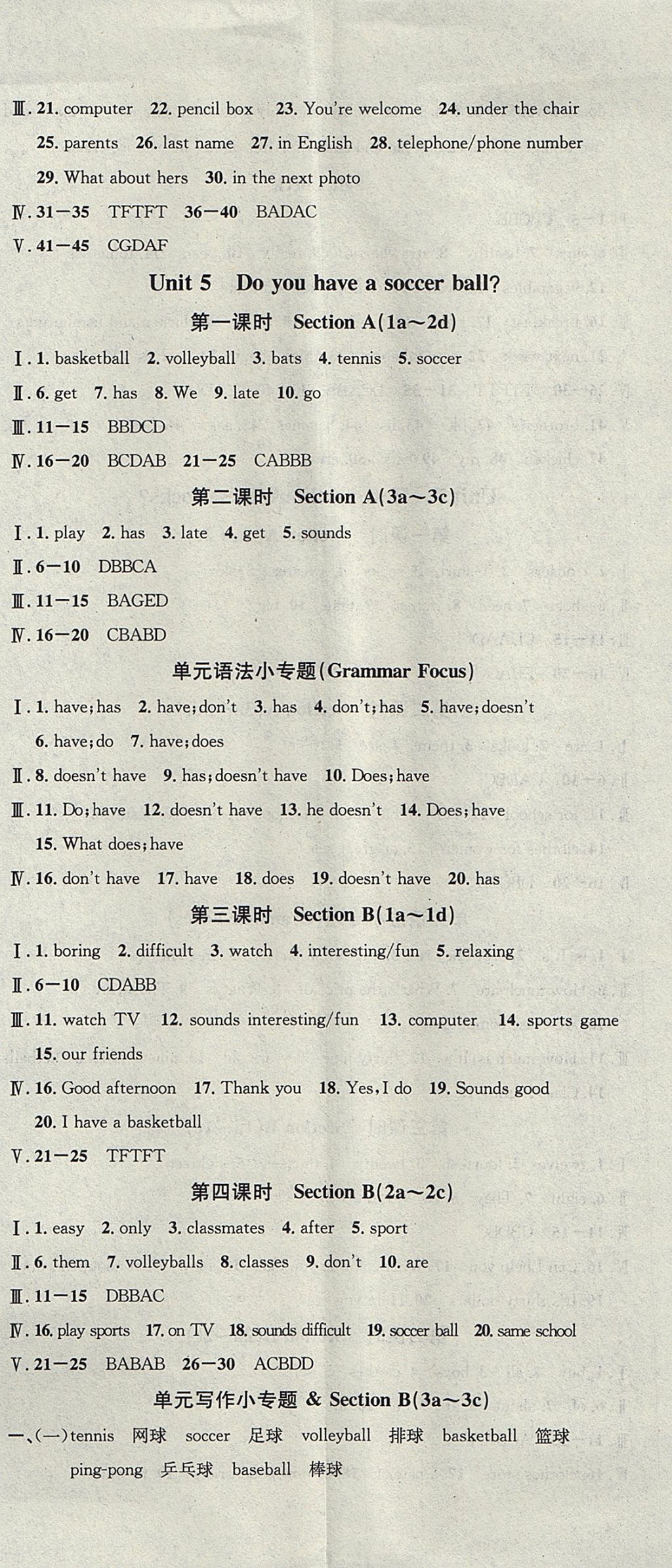 2017年名校課堂滾動(dòng)學(xué)習(xí)法七年級英語上冊人教版云南專版云南科技出版社 參考答案