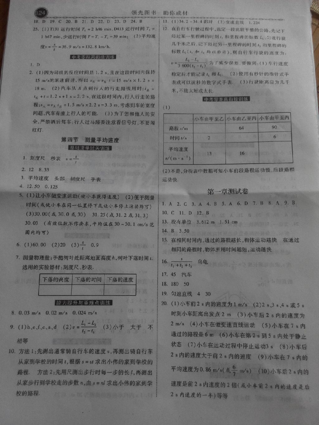 2017年一路領(lǐng)先同步訓(xùn)練與測評課時練八年級物理上冊人教版 參考答案