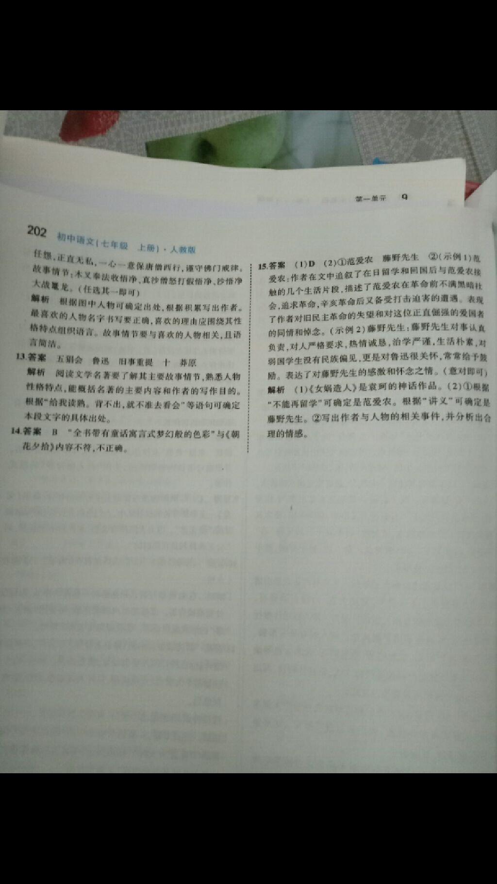 2017年5年中考3年模擬七年級語文上冊人教版 參考答案