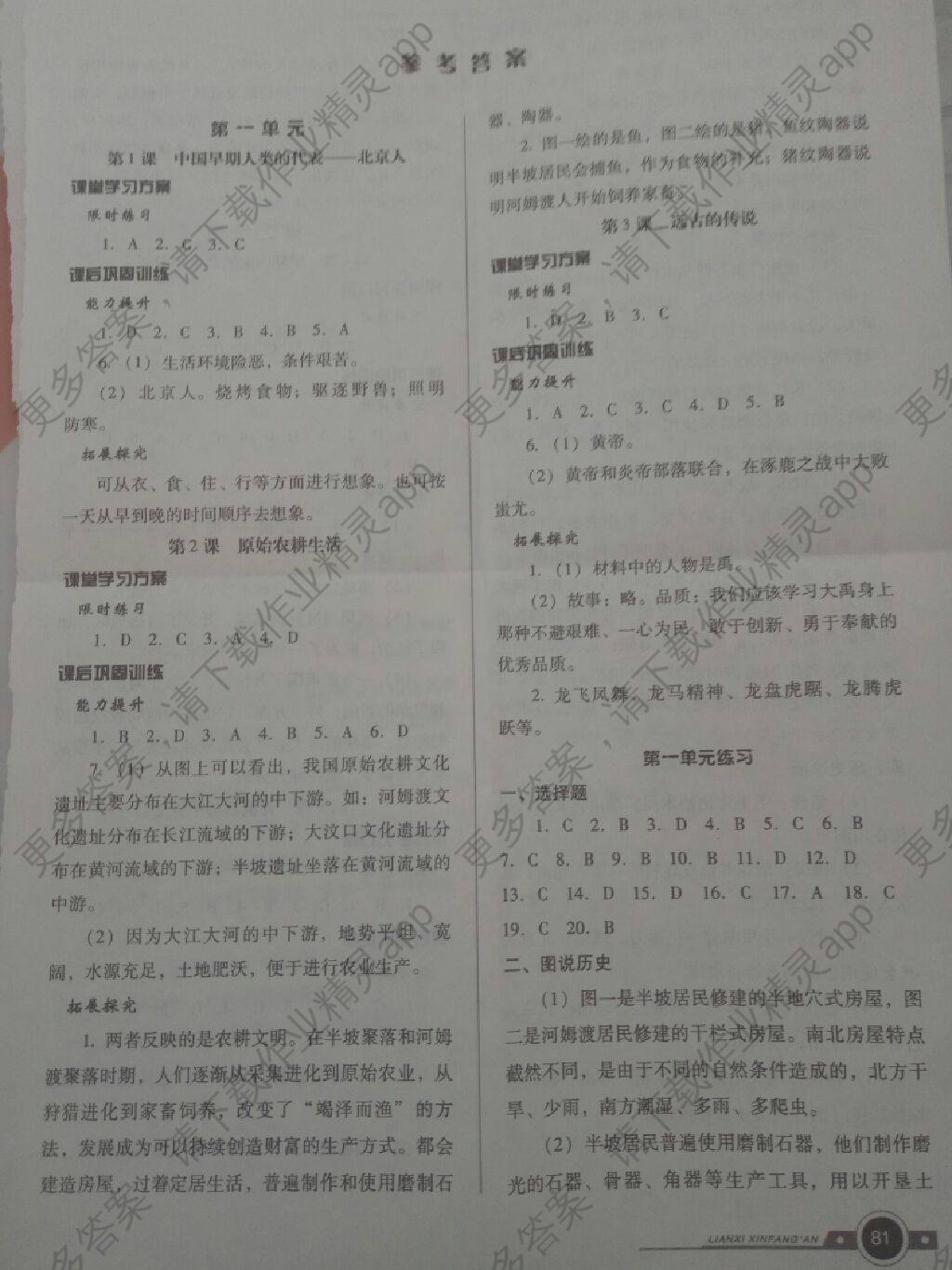 2017年新练习巩固方案七年级历史上册人教版 参考答案