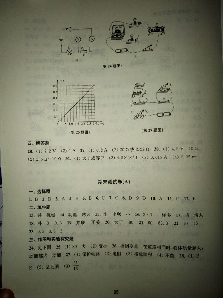 2017年同步练习初中物理活页卷九年级上册苏科版译林出版社 参考答案第7页