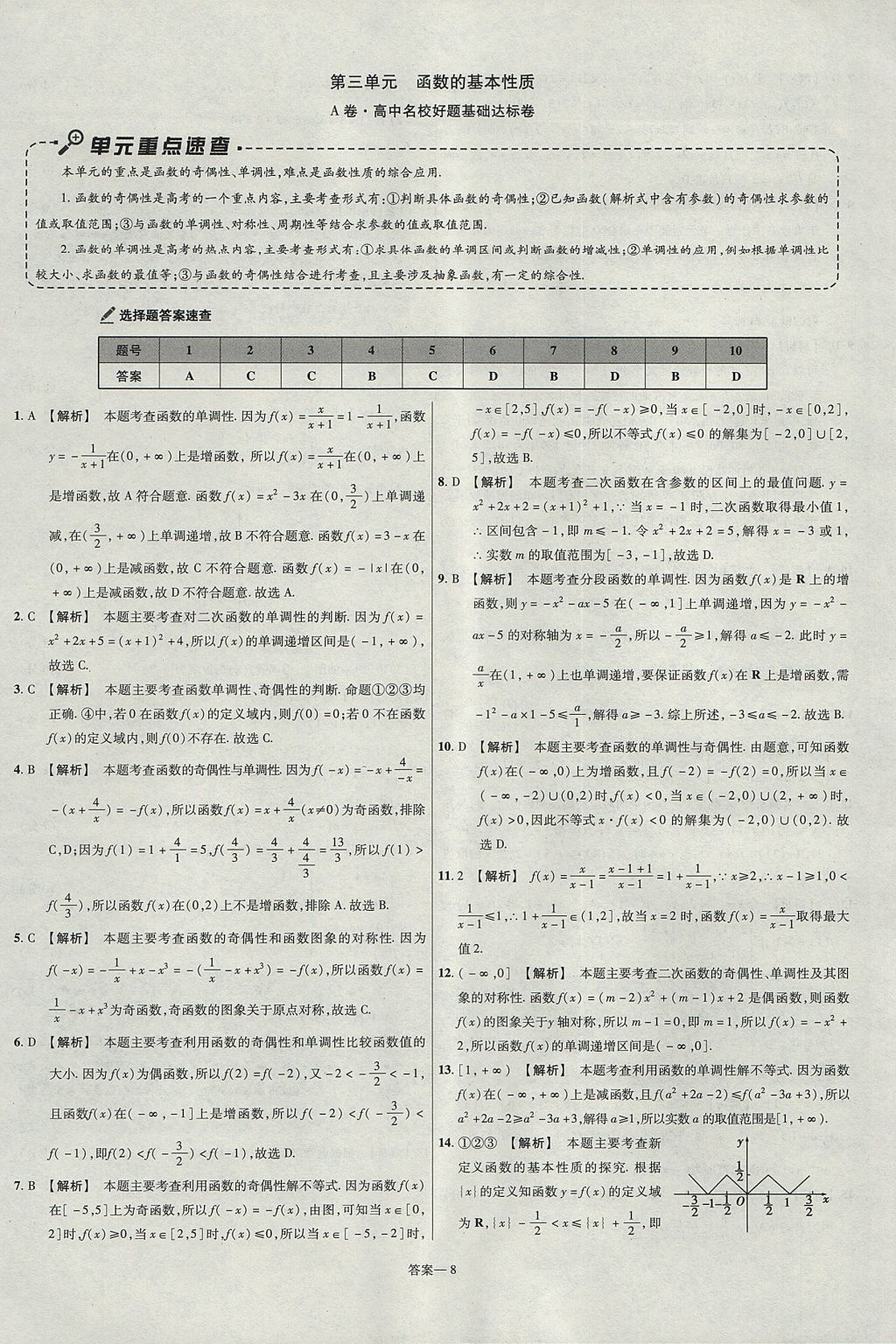 2018年金考卷活页题选名师名题单元双测卷高中数学必修1人教A版 参考答案第8页