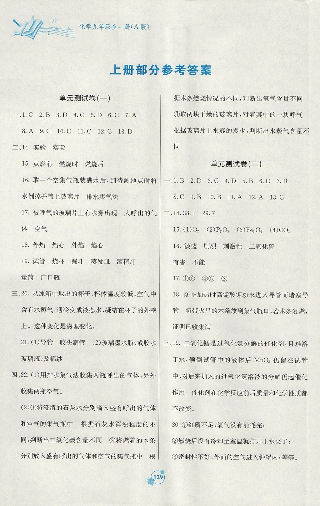 2017年自主学习能力测评单元测试九年级化学全一册A版人教版 参考答案第1页