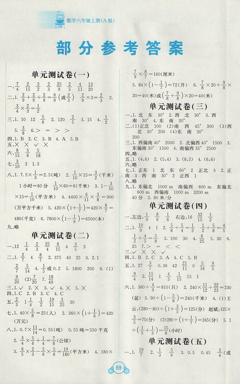 2017年自主学习能力测评单元测试六年级数学上册A版人教版 参考答案第1页