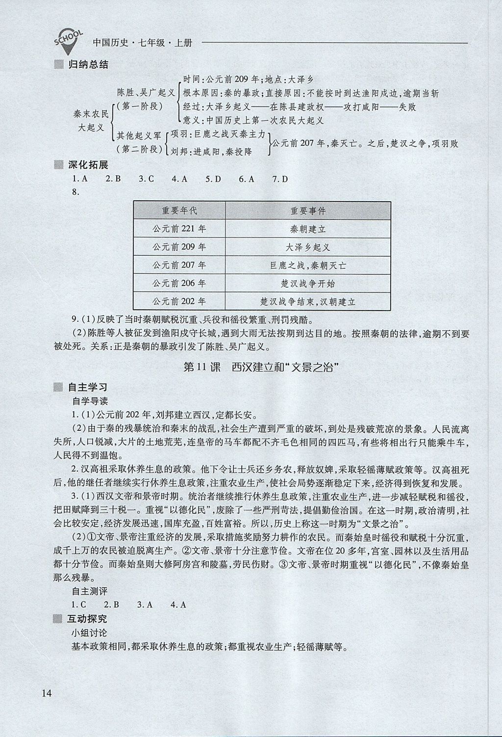 2017年新課程問題解決導(dǎo)學(xué)方案七年級中國歷史上冊人教版 參考答案第14頁