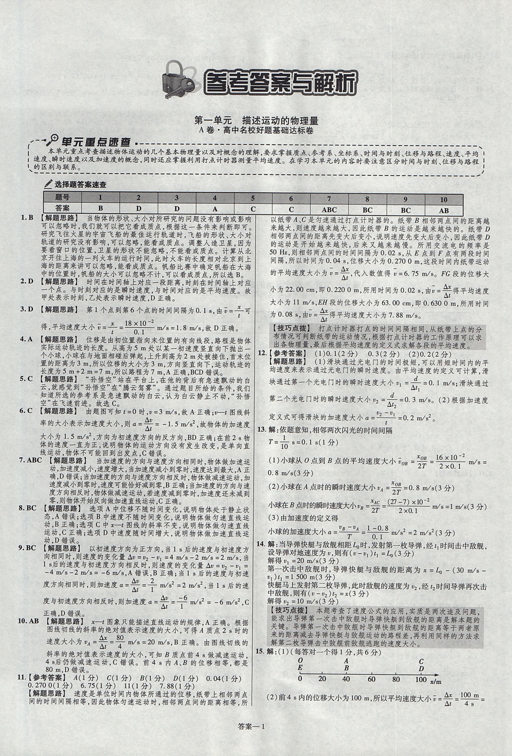 2018年金考卷活页题选高中物理必修1教科版 参考答案第1页