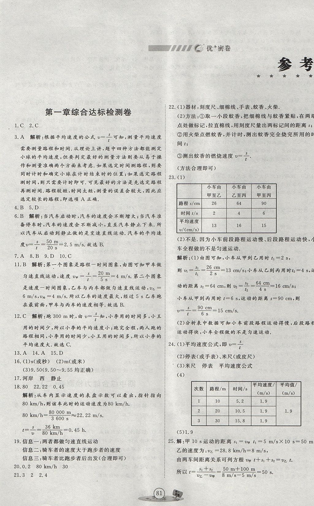 2017年優(yōu)加密卷八年級(jí)物理上冊(cè)P版 參考答案第1頁(yè)