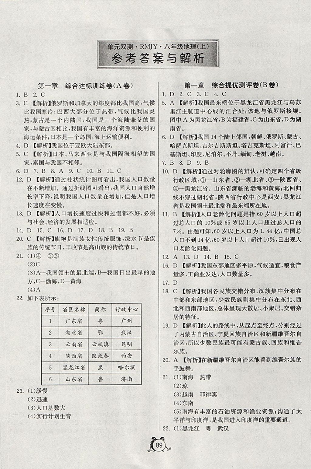 2017年單元雙測與專題歸類復(fù)習(xí)卷八年級地理上冊人教版 參考答案第1頁