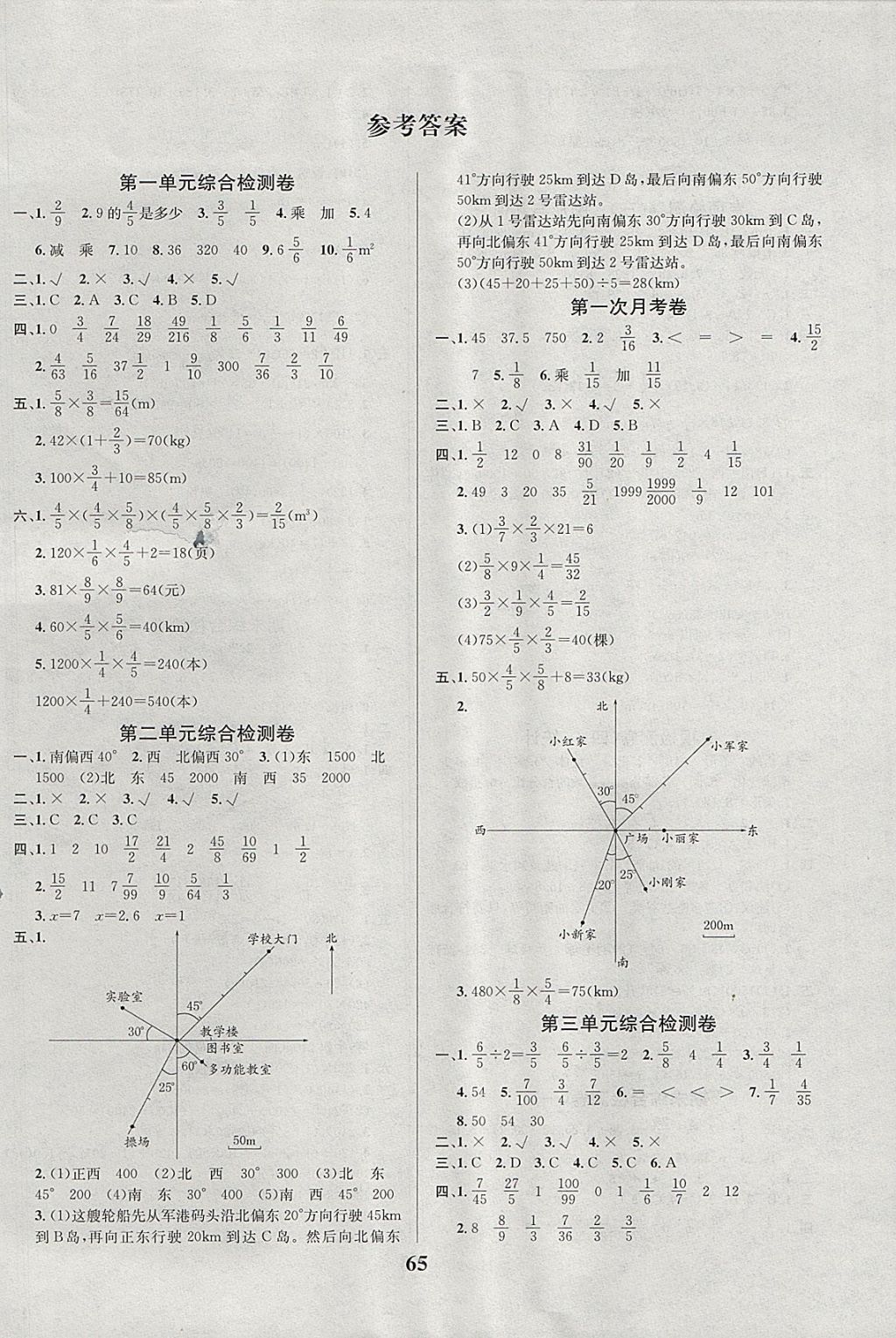 2017年名师名校小学生全能金卷六年级数学上册人教版 参考答案第1页