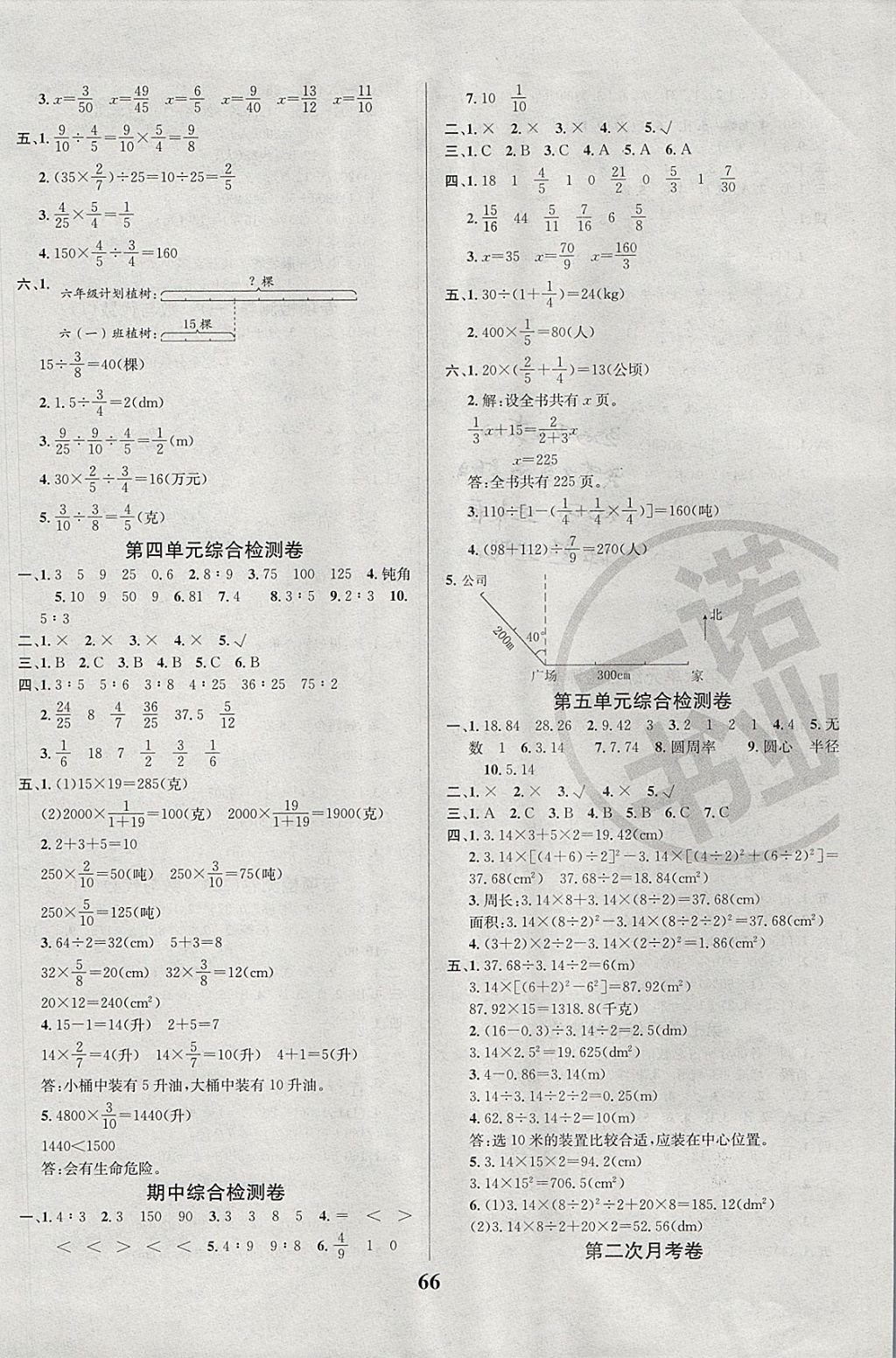 2017年名师名校小学生全能金卷六年级数学上册人教版 参考答案第2页