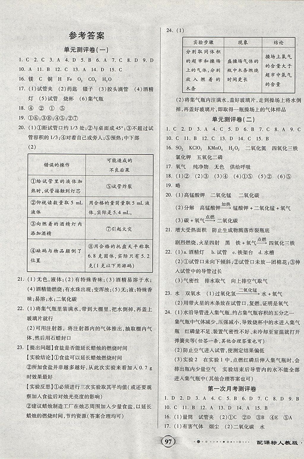 2017年全程优选卷九年级化学上册人教版 参考答案第1页