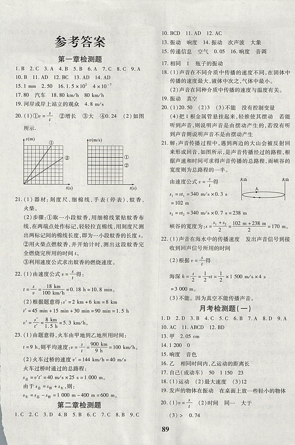 2017年黄冈360度定制密卷八年级物理上册人教版 参考答案第1页