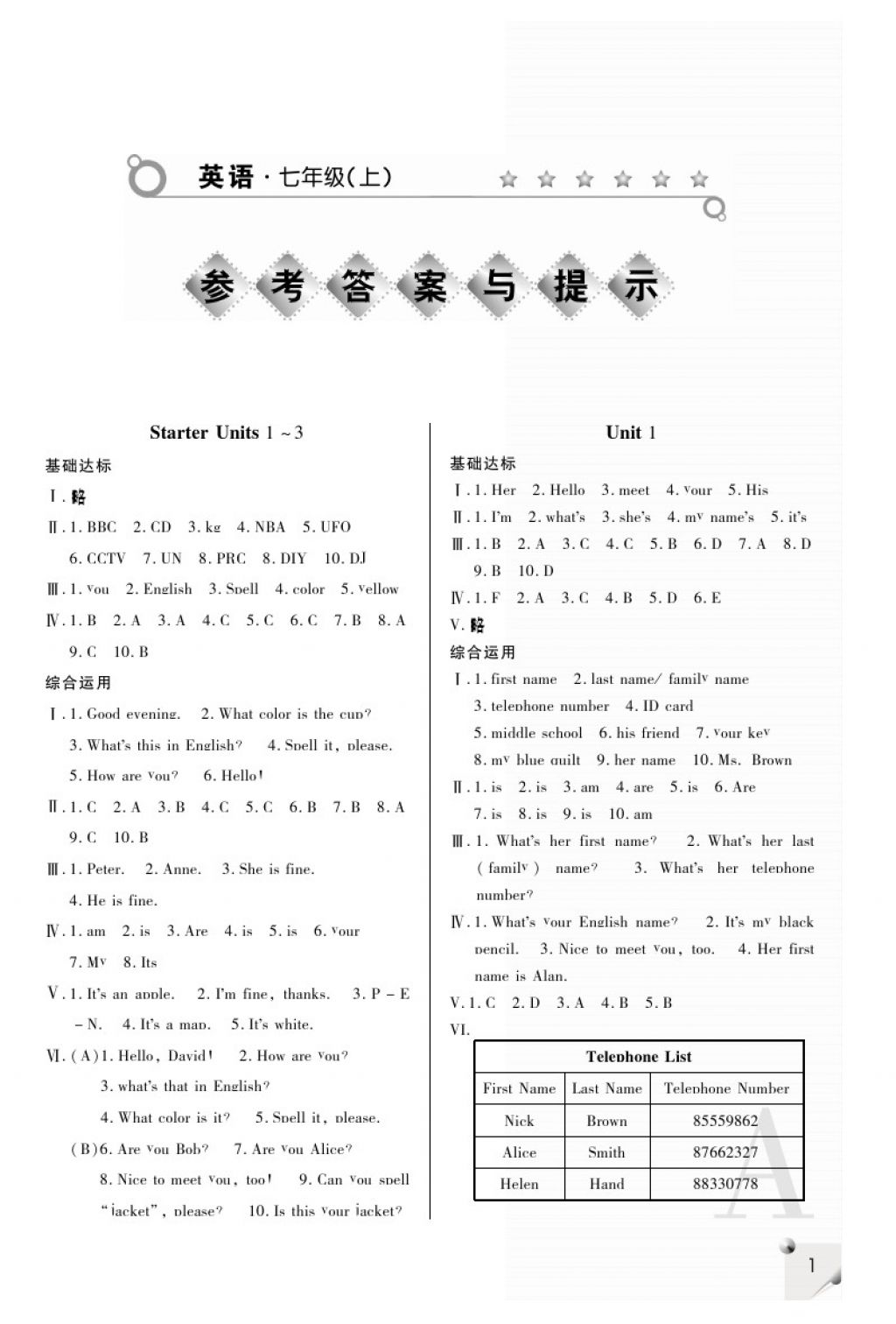 2017年課堂練習(xí)冊(cè)七年級(jí)英語(yǔ)上冊(cè)A版 參考答案第1頁(yè)