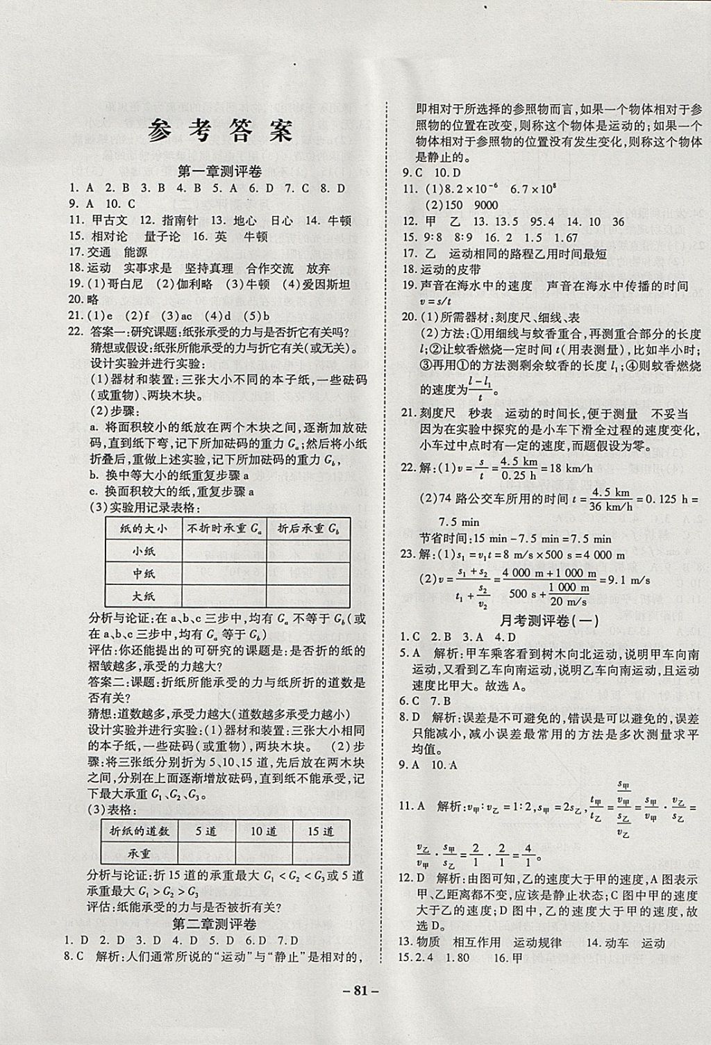 2017年培優(yōu)奪冠金卷名師點撥八年級物理上冊滬科版 參考答案第1頁