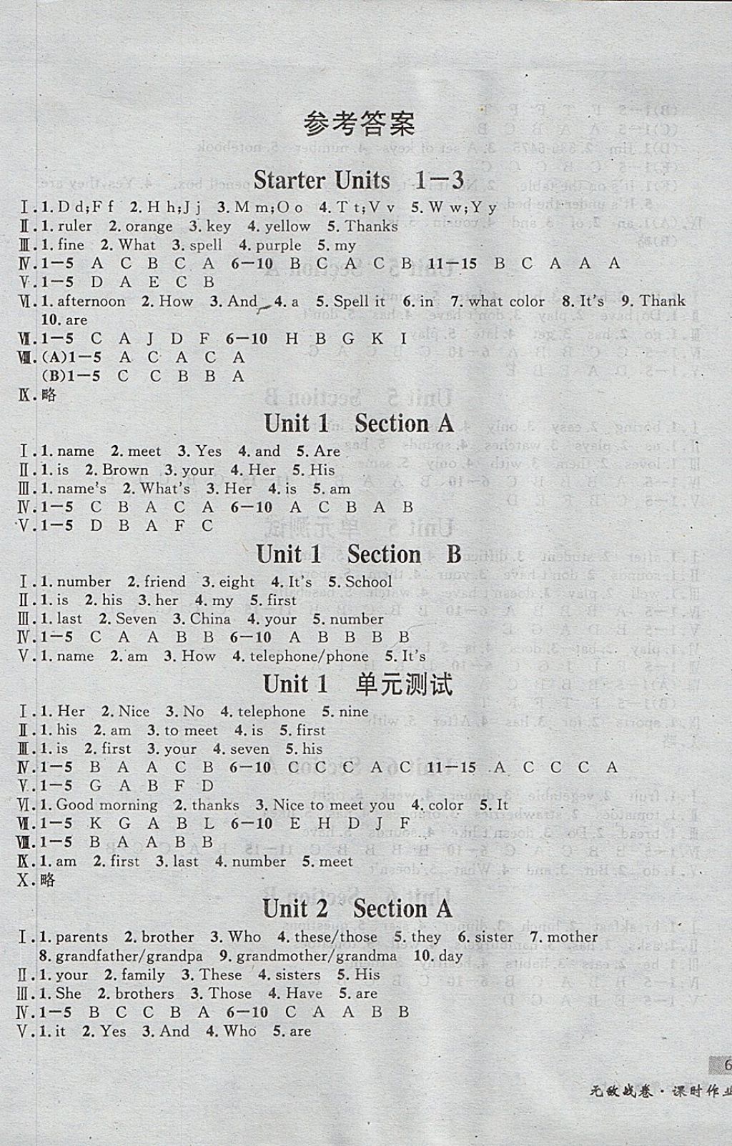 2017年無敵戰(zhàn)卷課時(shí)作業(yè)七年級(jí)英語上冊(cè) 參考答案第1頁