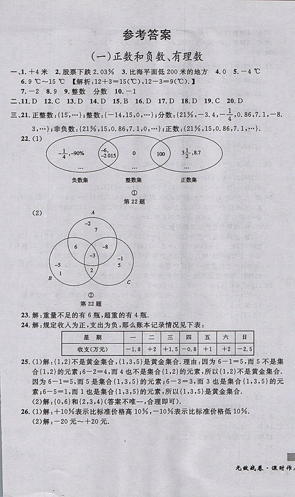 2017年無敵戰(zhàn)卷課時作業(yè)七年級數(shù)學(xué)上冊人教版 參考答案第1頁