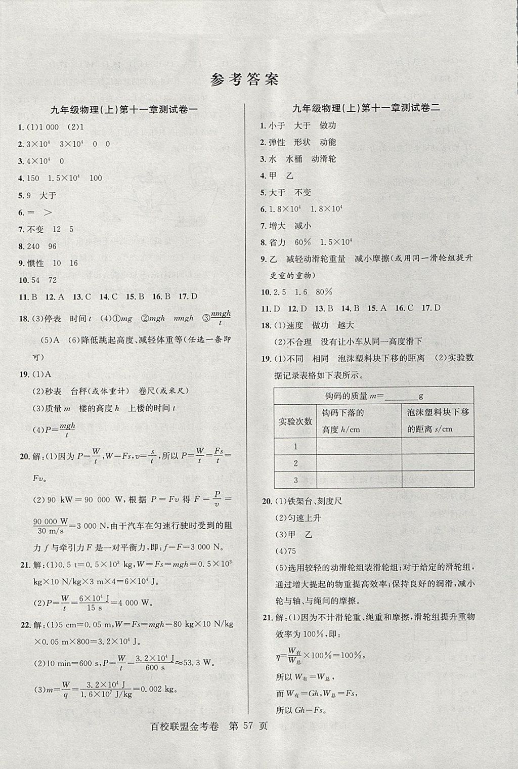 2017年百校聯盟金考卷九年級物理上冊粵滬版 參考答案第1頁