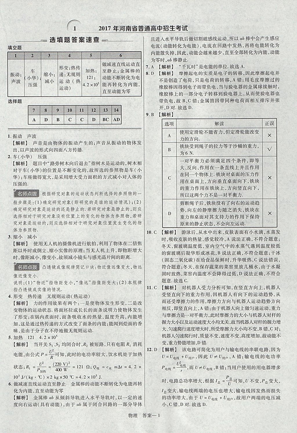 2018年金考卷河南中考45套匯編物理第9年第9版 參考答案第1頁