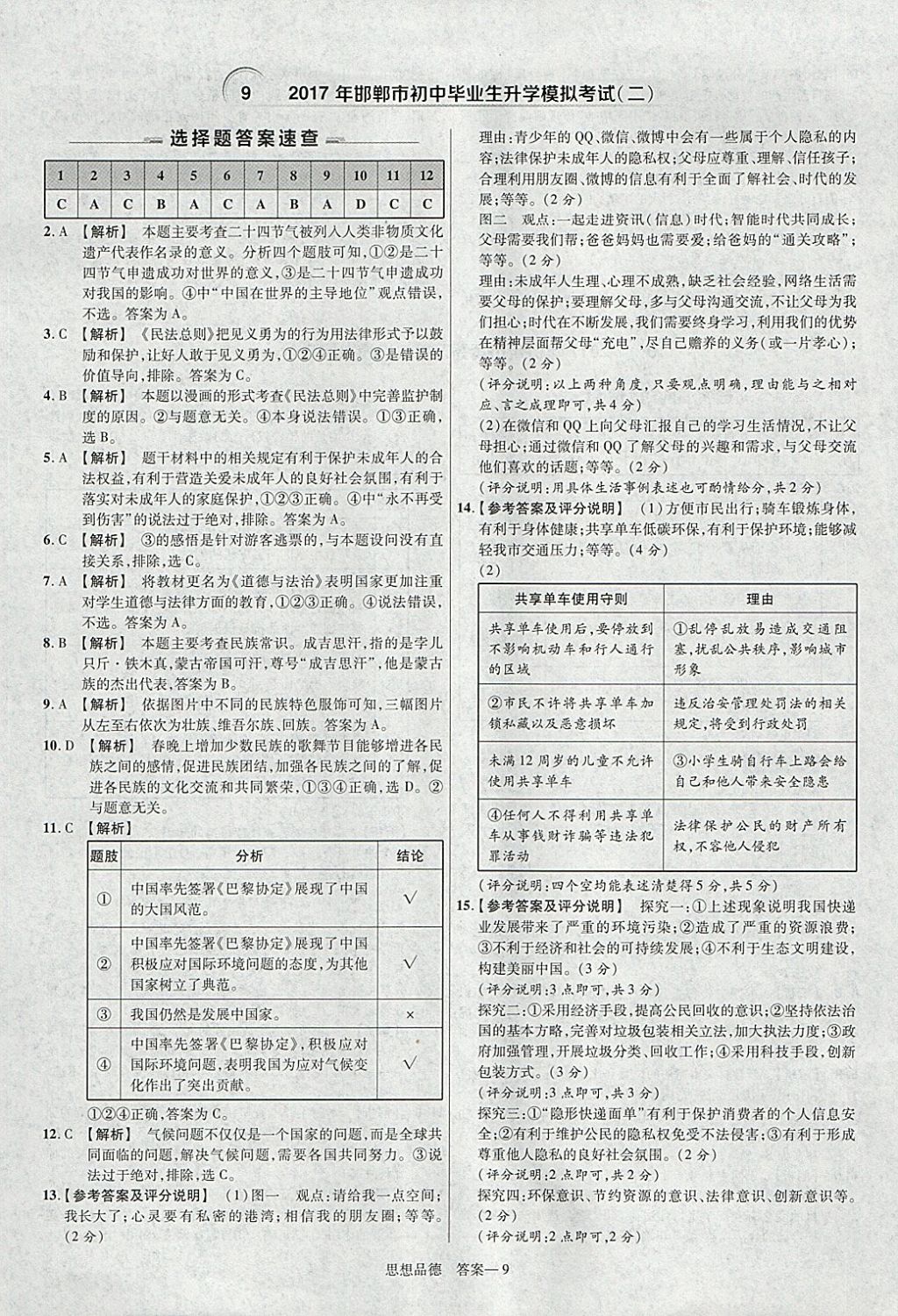 2018年金考卷河北中考45套匯編思想品德第6年第6版 參考答案第9頁