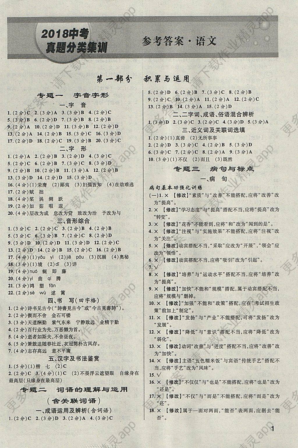 2018年万唯教育中考真题分类集训语文答案