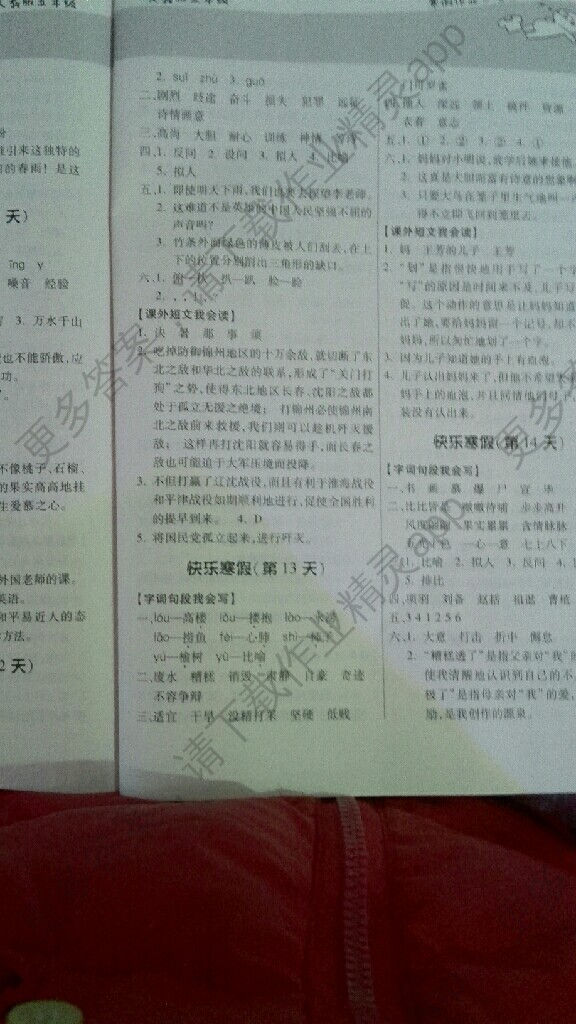五年级上册寒假作业语文 参考答案第1页