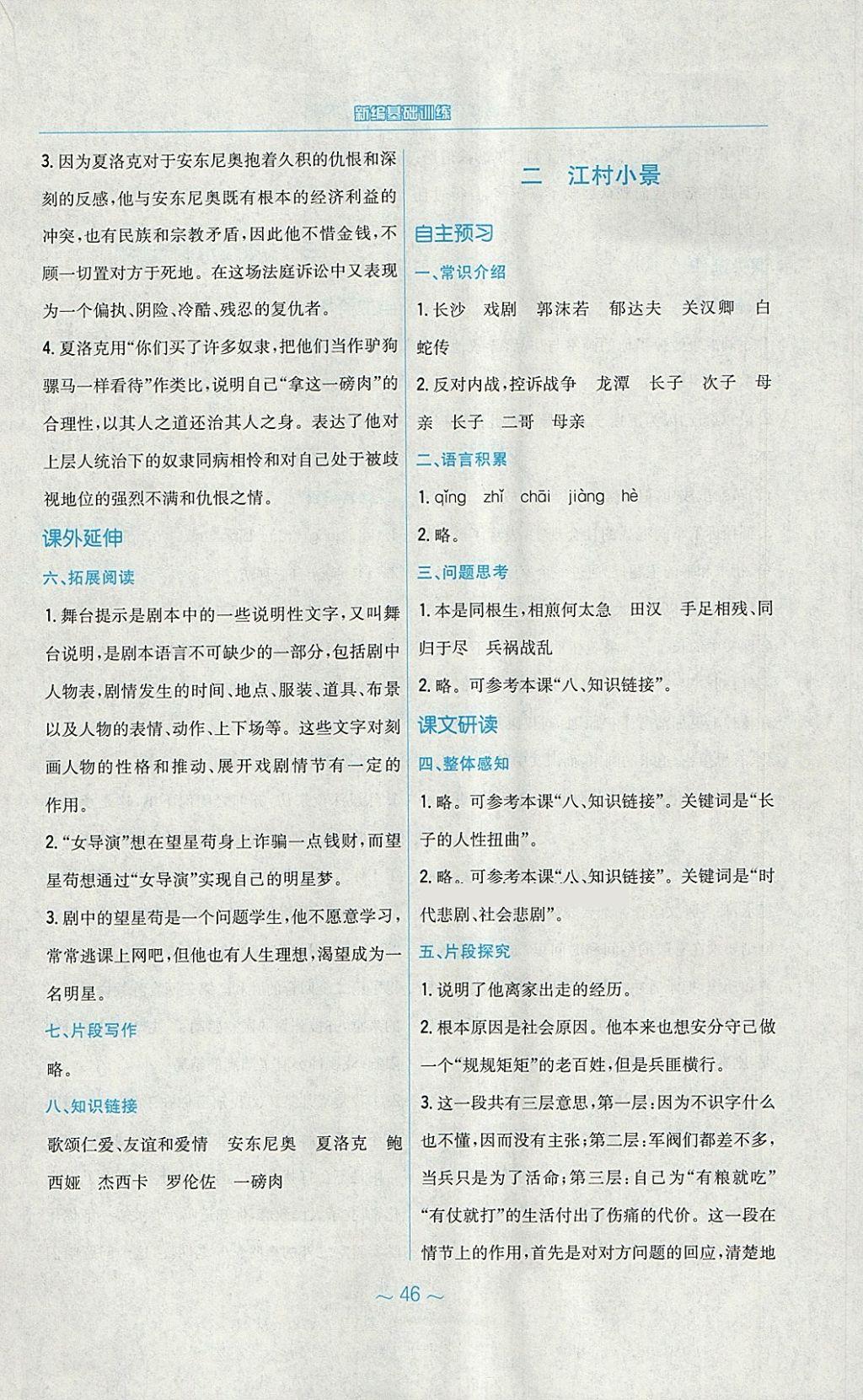 2018年新編基礎訓練九年級語文下冊蘇教版 參考答案第2頁