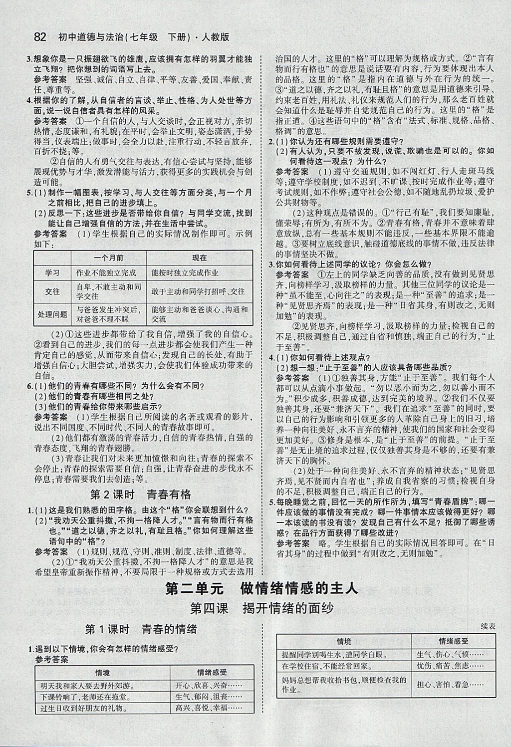 课本人教版七年级道德与法治下册 参考答案第4页