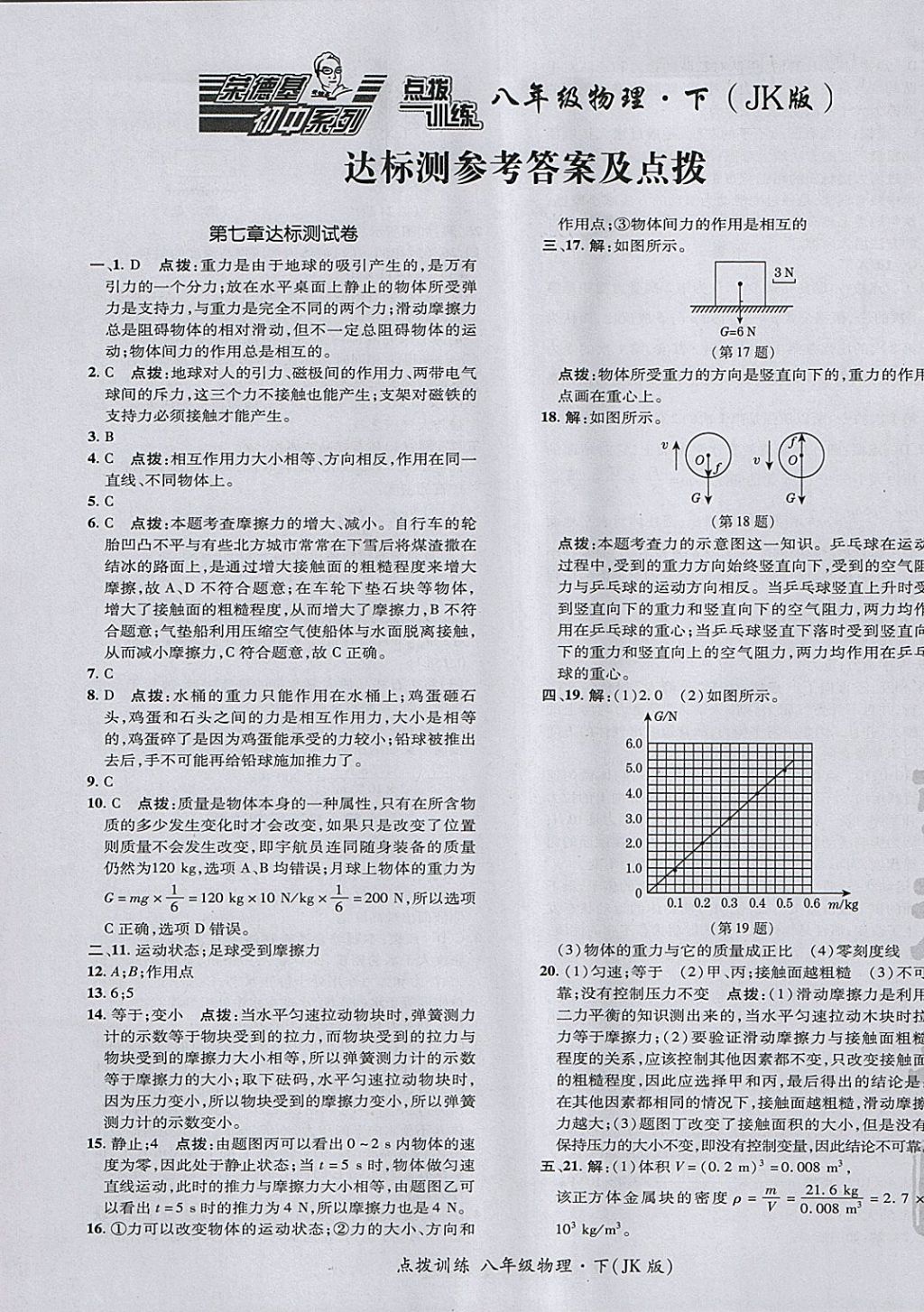 2018年點(diǎn)撥訓(xùn)練八年級(jí)物理下冊教科版 參考答案第1頁