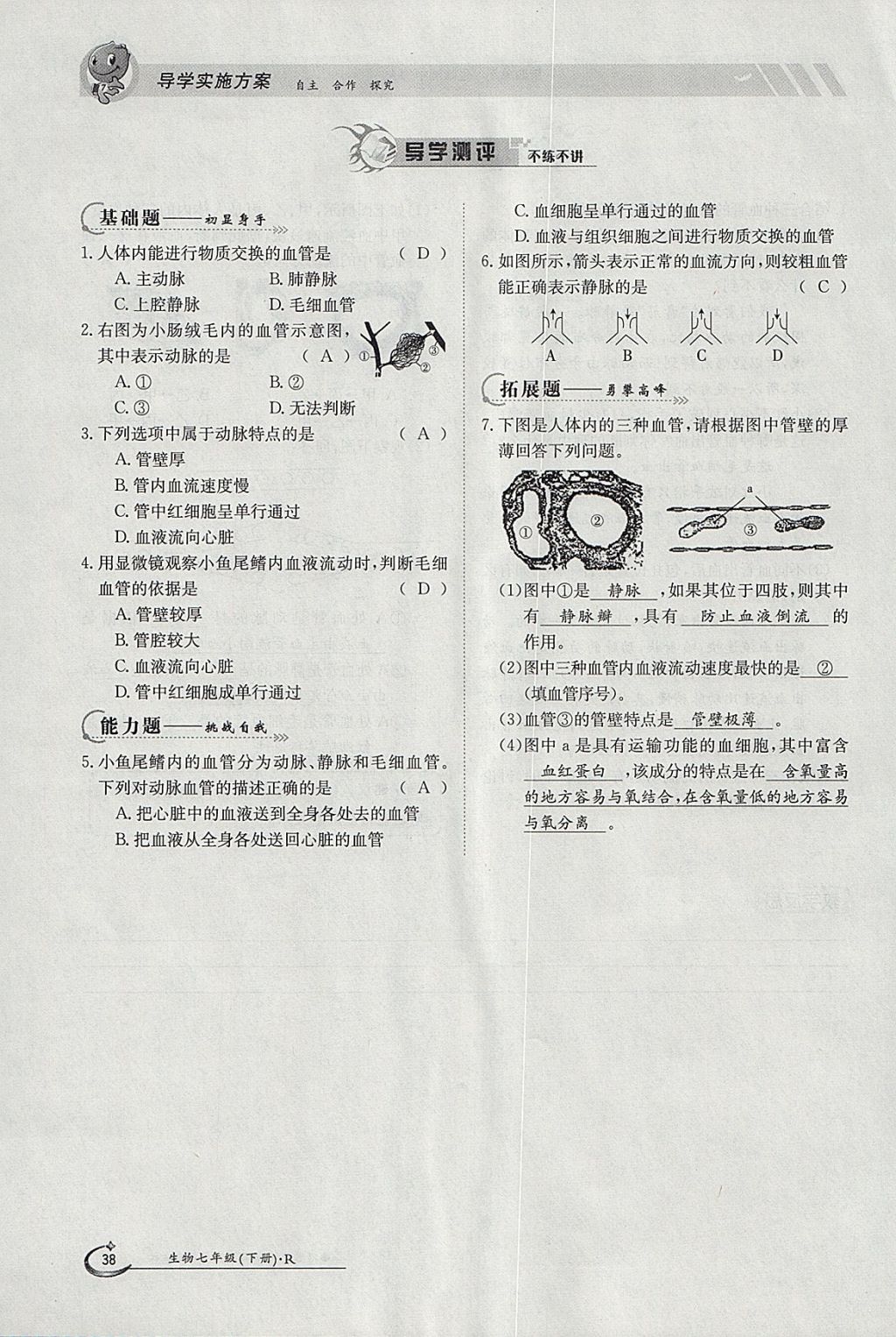 2018年金太陽導(dǎo)學(xué)案七年級生物下冊人教版 參考答案第38頁