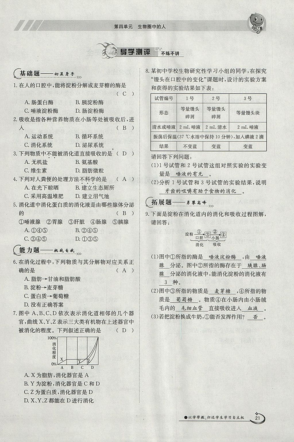 2018年金太陽導(dǎo)學(xué)案七年級生物下冊人教版 參考答案第21頁