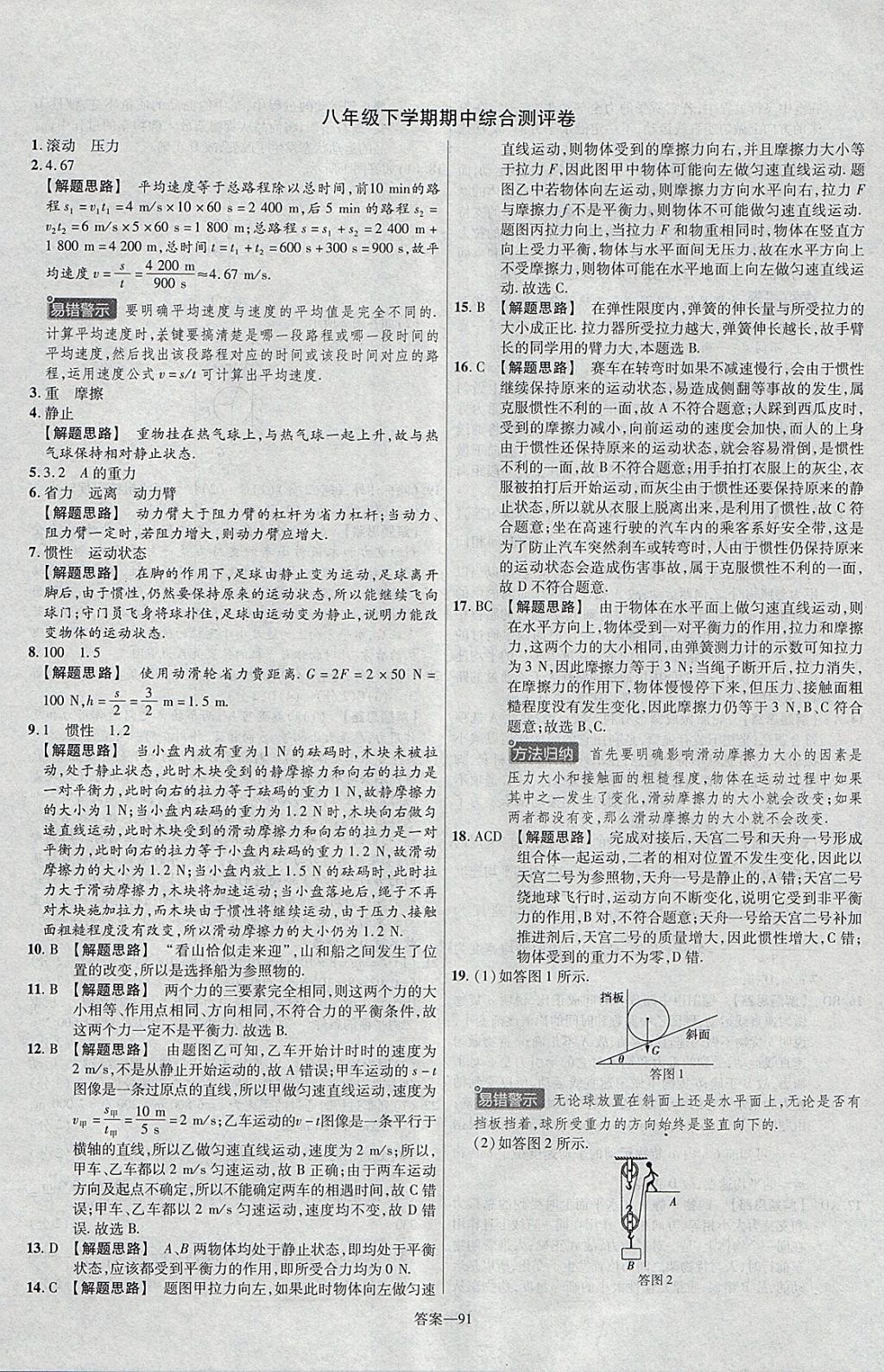 2018年金考卷活頁題選八年級物理下冊滬粵版 參考答案第7頁