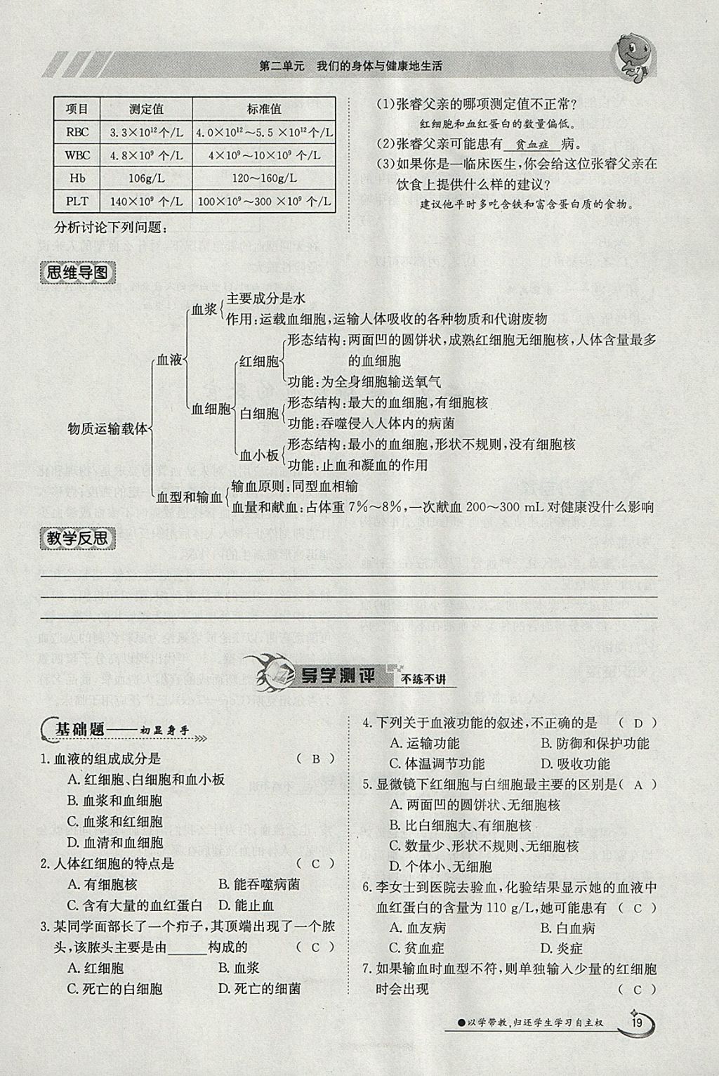 2018年金太陽導(dǎo)學(xué)案七年級生物下冊冀少版 參考答案第19頁