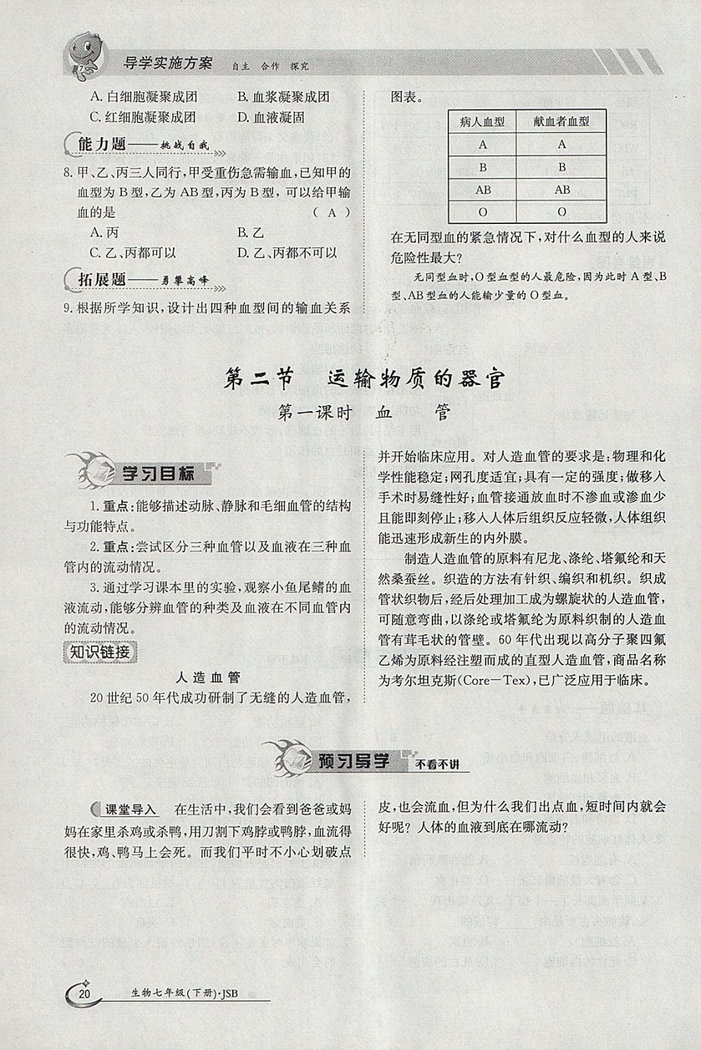 2018年金太陽導(dǎo)學(xué)案七年級生物下冊冀少版 參考答案第20頁