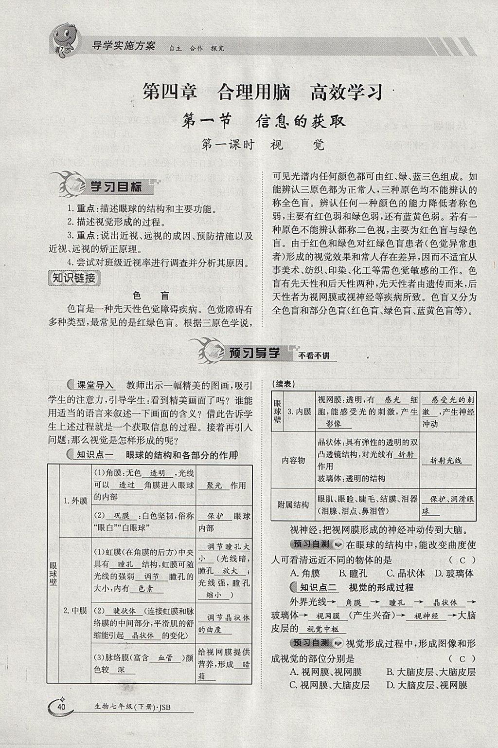 2018年金太陽導(dǎo)學(xué)案七年級生物下冊冀少版 參考答案第40頁