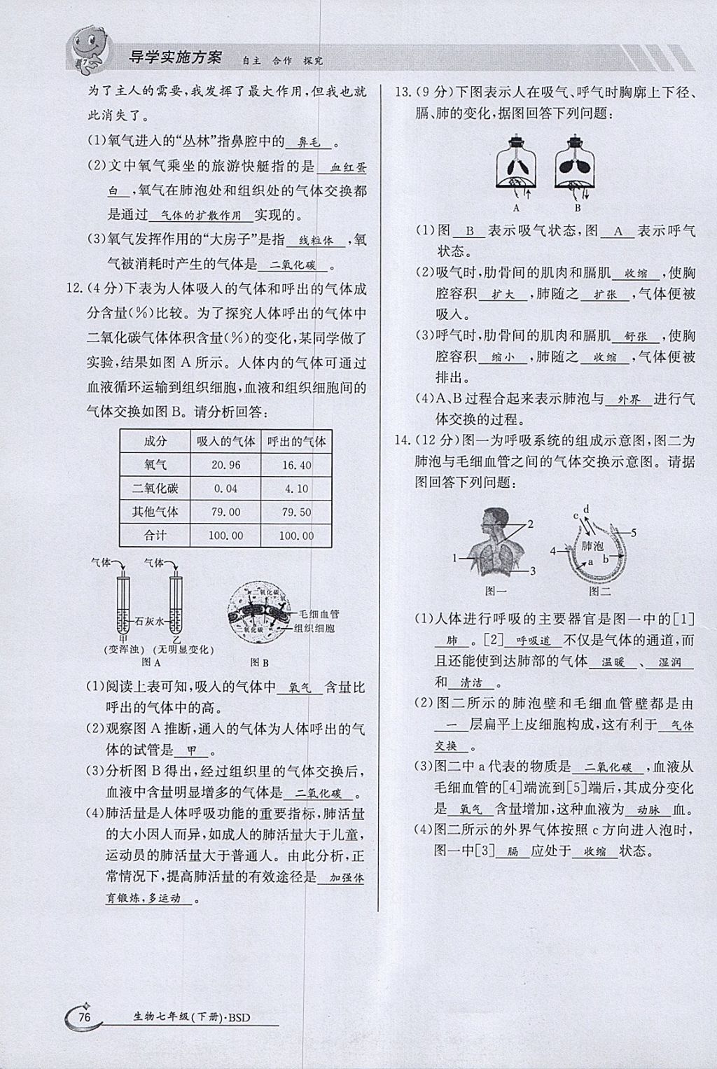 2018年金太陽導學案七年級生物下冊北師大版 參考答案第76頁