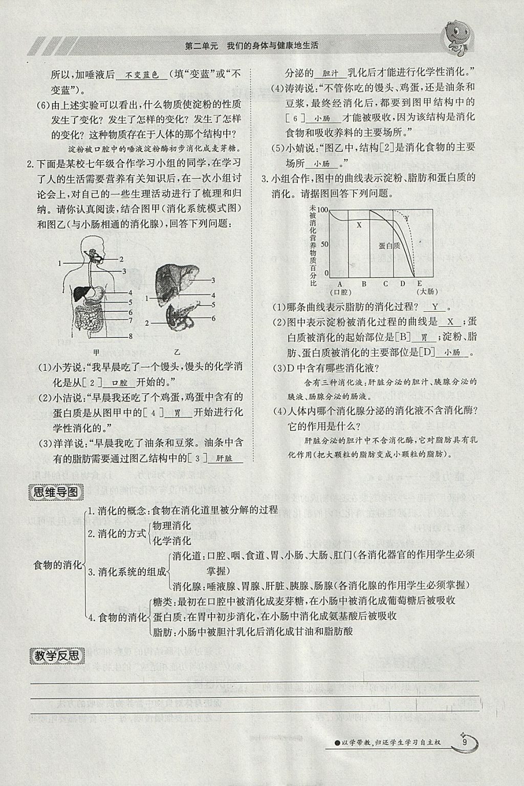 2018年金太陽導(dǎo)學(xué)案七年級生物下冊冀少版 參考答案第9頁