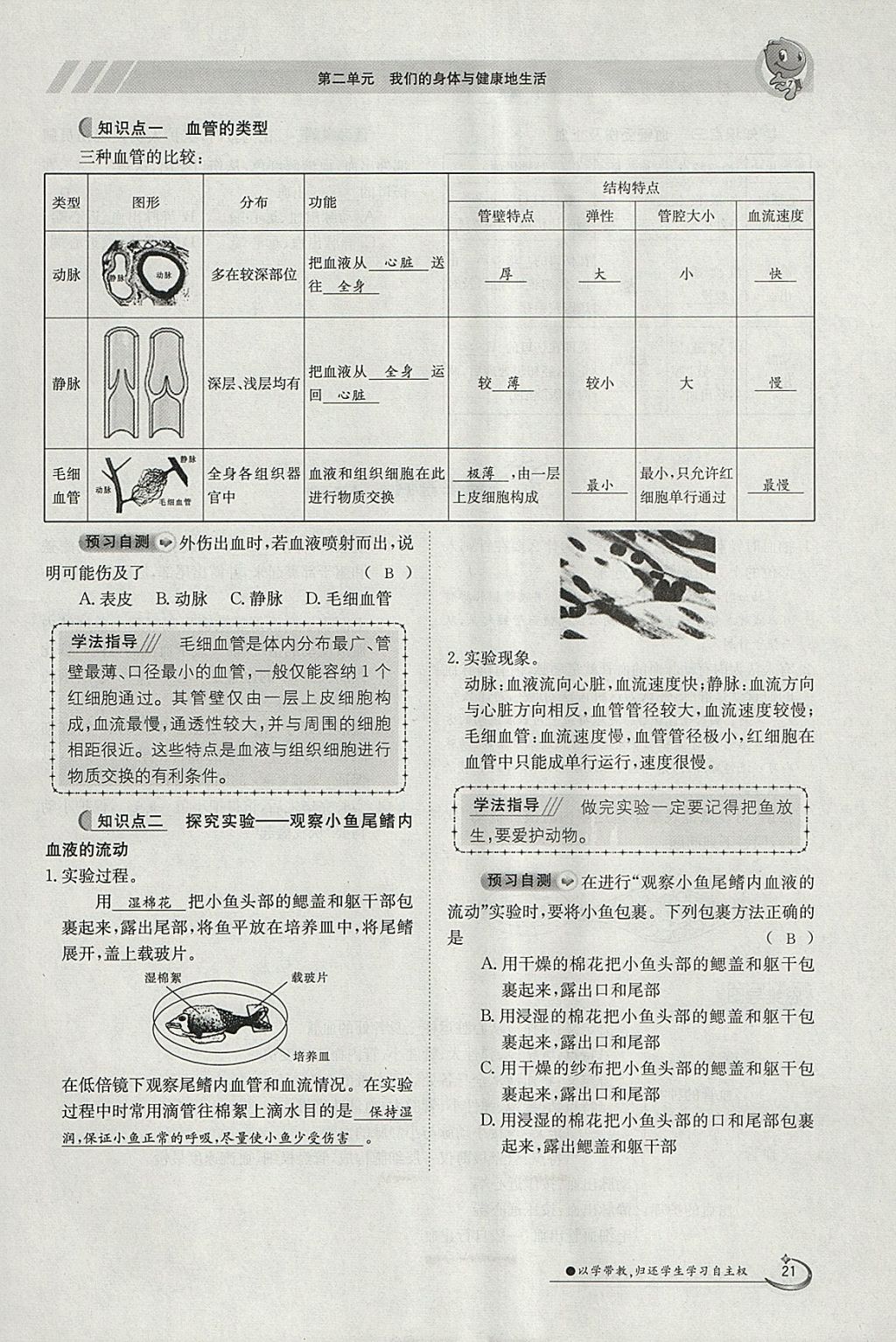 2018年金太陽導(dǎo)學(xué)案七年級(jí)生物下冊(cè)冀少版 參考答案第21頁