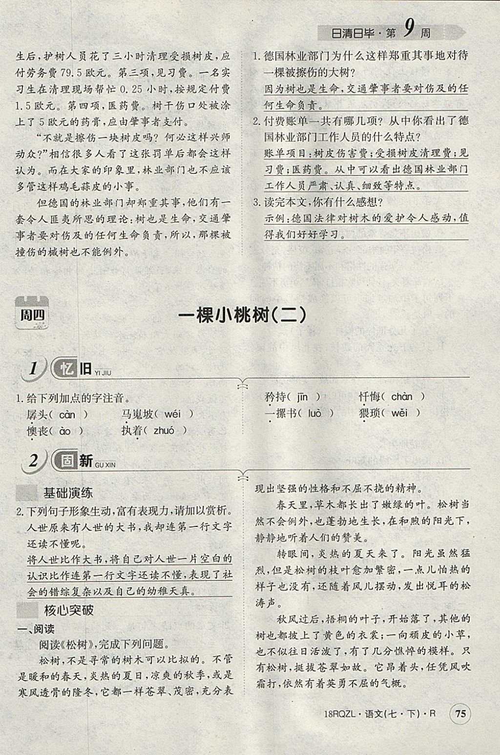 2018年日清周練限時提升卷七年級語文下冊人教版 參考答案第112頁