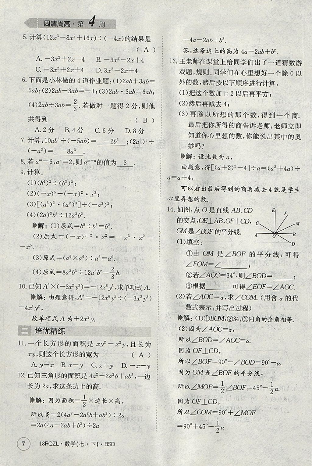 2018年日清周練限時提升卷七年級數(shù)學下冊北師大版 參考答案第7頁