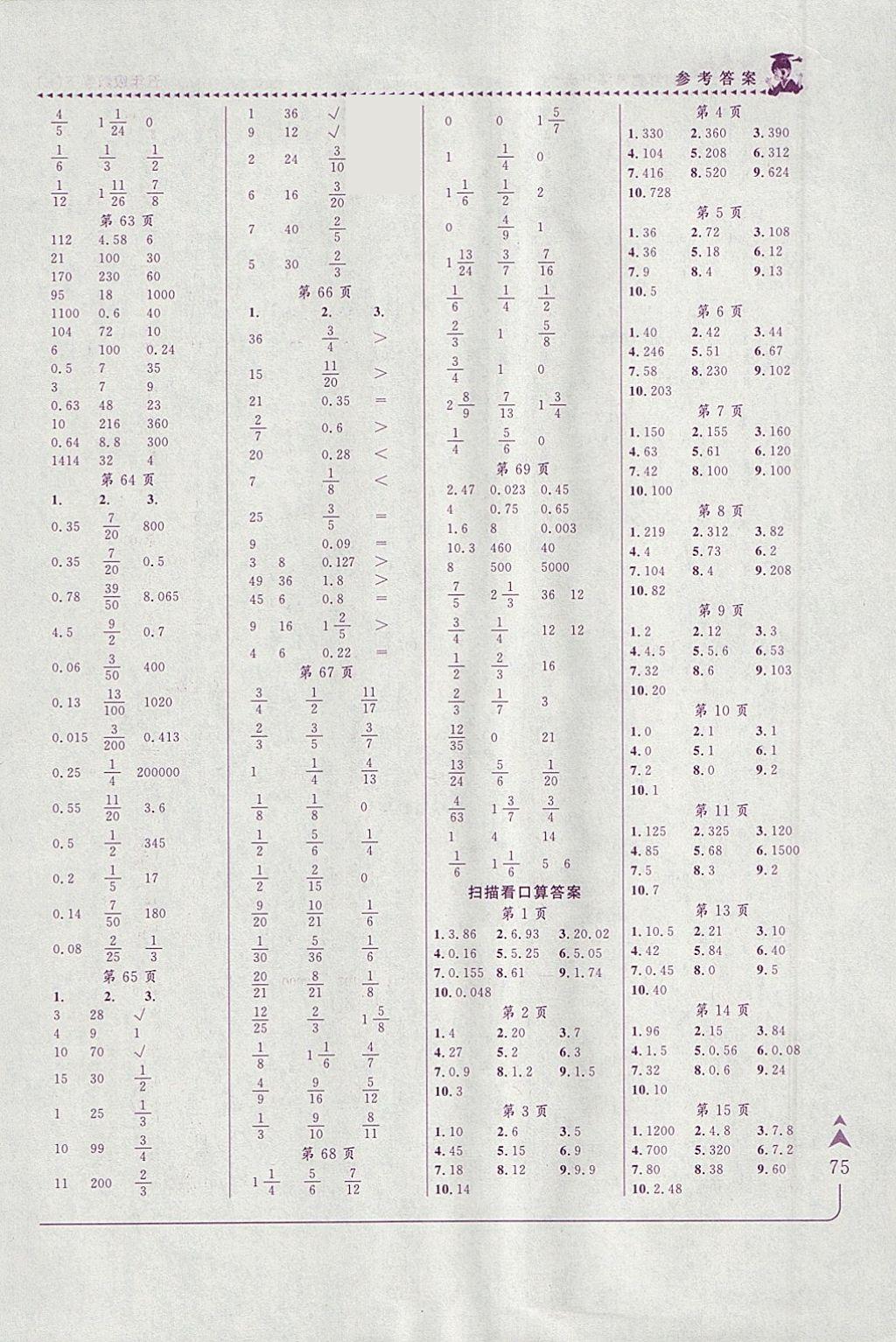 2018年黃岡小狀元口算速算練習(xí)冊五年級數(shù)學(xué)下冊人教版 參考答案第6頁