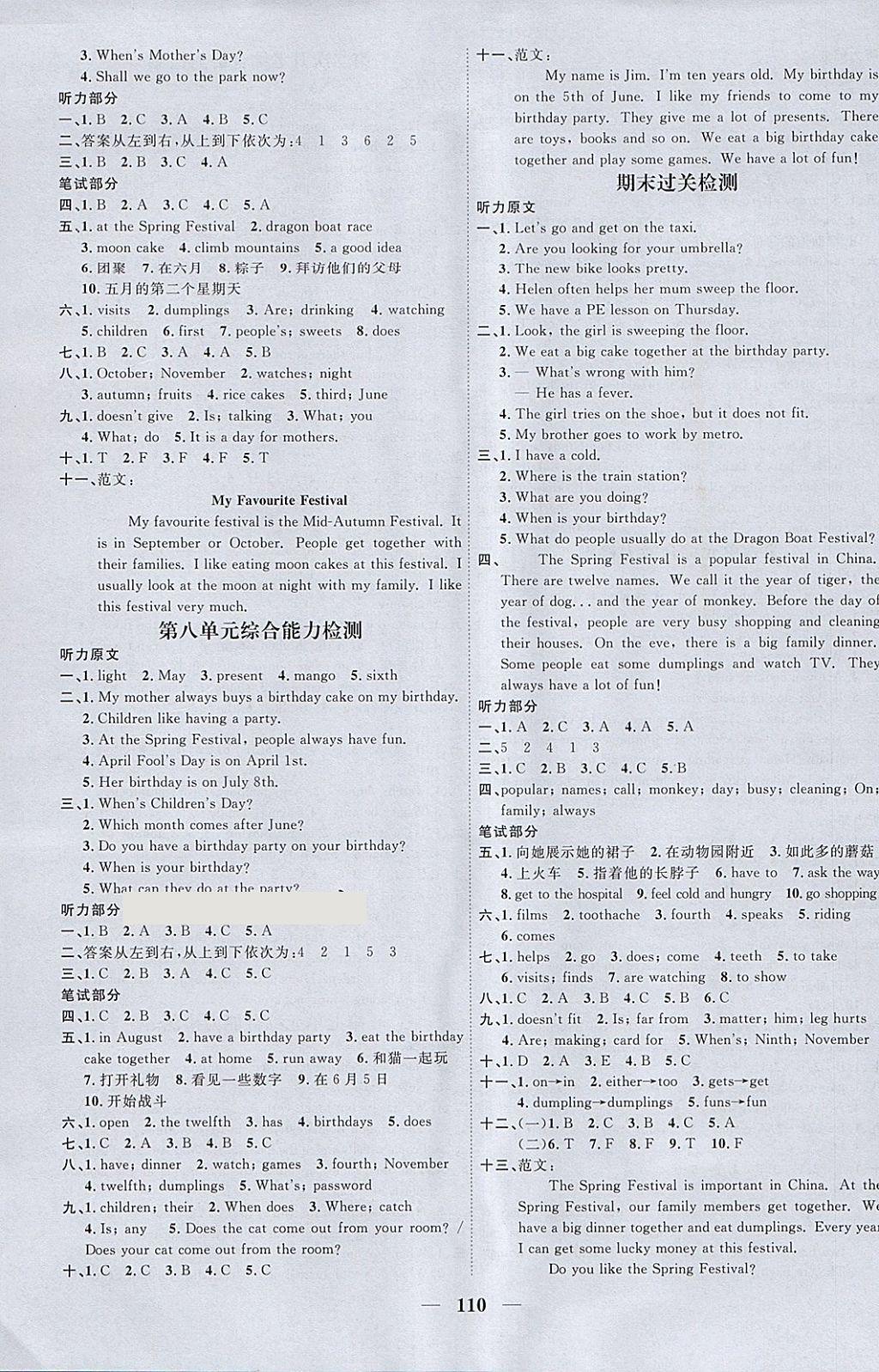 2018年阳光同学课时优化作业五年级英语下册译林版江苏专用 参考答案