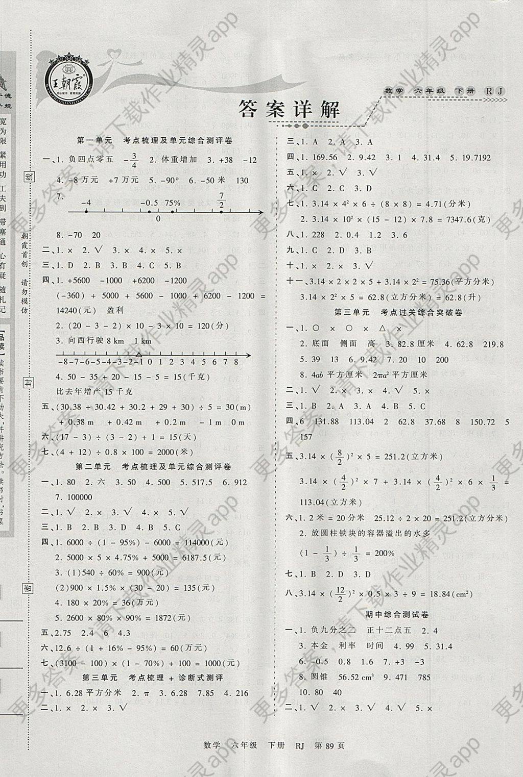 2018年王朝霞考点梳理时习卷六年级数学下册人教版